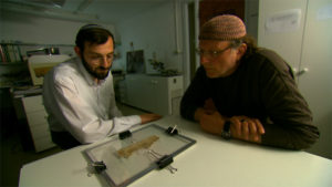 Simcha Jacobovici (right) in the Dead Sea Scrolls vault, Jerusalem